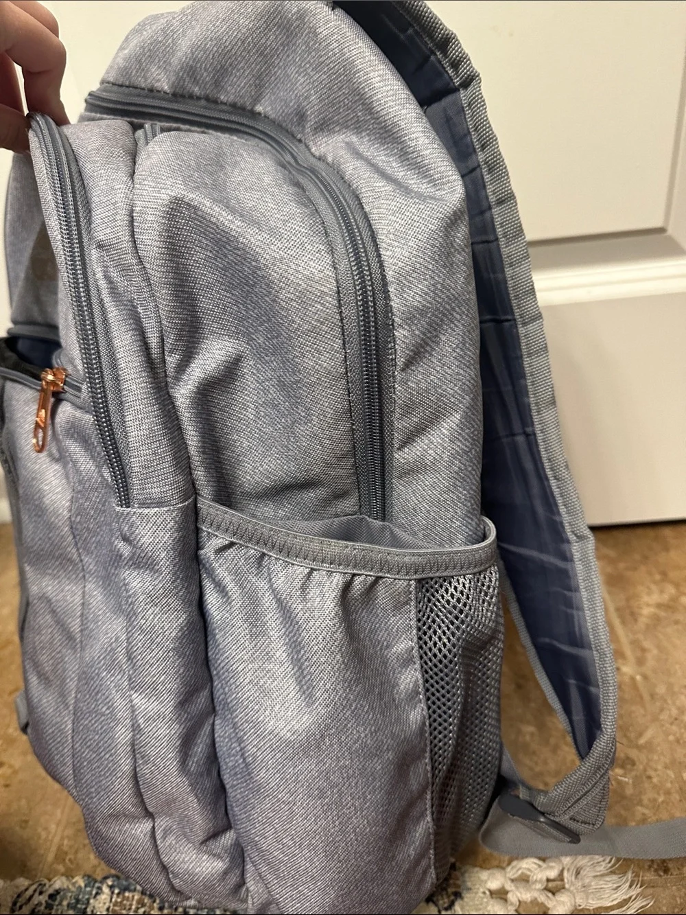 adidas Light Gray Backpack with Gold Logo Accents